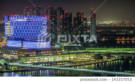 Aerial skyline of Abu Dhabi city centre from above day to night timelapse Aerial skyline of Abu Dhabi city centre from above day to night timelapse 143357053