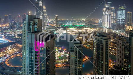 Dubai downtown night aerial timelapse Dubai downtown night aerial timelapse 143357165