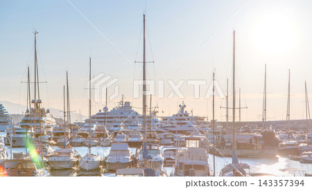 Beautiful sunrise over the harbor in Monaco timelapse. 143357394