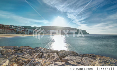 Sunrise at Small town of Sesimbra Portugal, panorama timelapse 143357411