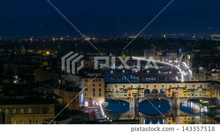 Skyline view of Arno River day to night timelapse, Ponte Vecchio from Piazzale Michelangelo at Sunset, Florence, Italy. Skyline view of Arno River day to night timelapse, Ponte Vecchio from Piazzale Michelangelo at Sunset, Florence, Italy. 143357518