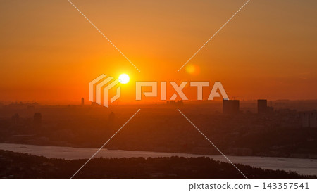Colorful sunset on Bosphorus timelapse from Camlica hill with city skyline in Istanbul. 143357541