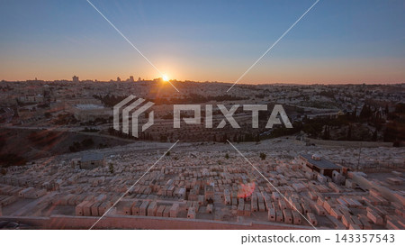 Jerusalem panorama view over the City at sunset timelapse with the Dome of the Rock from the Mount of Olives. Jerusalem panorama view over the City at sunset timelapse with the Dome of the Rock from the Mount of Olives. 143357543