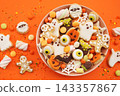 Halloween sweeties fun food mix: ghosts and mummies, pumpkins and eyes, skeletons and candies. Party spooky sweet handmade cookies 143357867