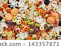 Halloween sweeties fun food mix: ghosts and mummies, pumpkins and eyes, skeletons and candies. Party spooky sweet handmade cookies 143357871
