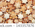 Homemade gingerbread sugar cookies, festive Christmas and New Year sweeties background card 143357876