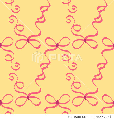 Seamless pattern with cartoon doodle bow knots, gift ribbons. Trendy hair braiding accessory. Hand drawn. Minimalist 143357971