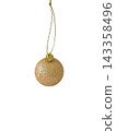 Gold Christmas ball ornament isolated on transparent background, glitter bauble hanging on string for New Year holidays. 143358496