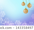 Gold Christmas ornaments and snowflakes on blue winter background, copy space for New Year holiday greeting card banner. 143358497