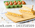 Breakfast with egg salad sandwich, vegetarian food. Homemade egg salad sandwich. 143358509
