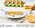 Breakfast with egg salad sandwich, vegetarian food. Homemade egg salad sandwich. 143358510