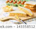 freshly made egg salad sandwiches on a white table, selective focus. 143358512