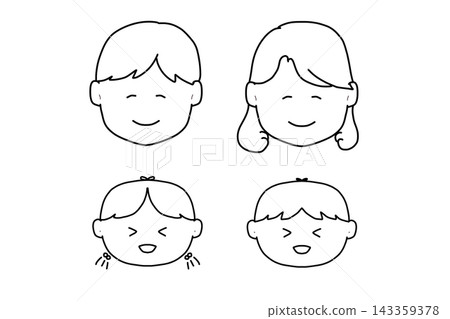 Hand-drawn family face illustration, 4-person family, coloring page, smiling faces. Hand-drawn family face illustration, 4-person family, coloring page, smiling faces. 143359378