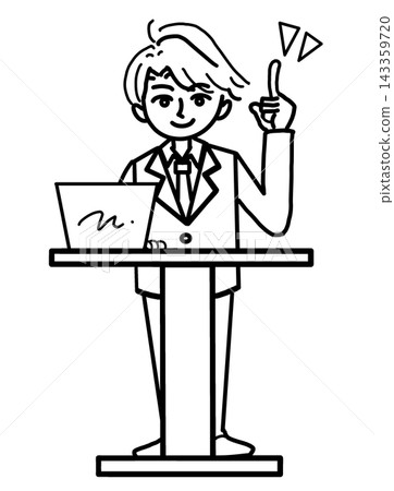 A man in a suit explaining something while operating a computer at a podium (monochrome, line drawing, vector material). A man in a suit explaining something while operating a computer at a podium (monochrome, line drawing, vector material). 143359720