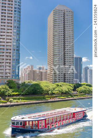 A view of the high-rise apartment complex in Tsukudajima, Tokyo, Chuo Ward. A view of the high-rise apartment complex in Tsukudajima, Tokyo, Chuo Ward. 143359824