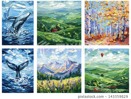 Nature painting set with whales green hills autumn birches and alpine flowers in colorful impasto textures for decorative wall art Nature painting set with whales green hills autumn birches and alpine flowers in colorful impasto textures for decorative wall art 143359829