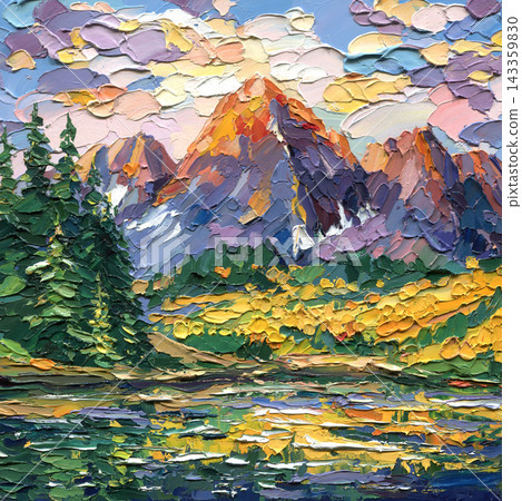 Mountain lake with golden autumn foliage and evergreen trees beneath sunlit soaring peaks in a colorful impasto landscape painting Mountain lake with golden autumn foliage and evergreen trees beneath sunlit soaring peaks in a colorful impasto landscape painting 143359830
