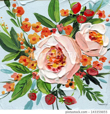 Pink roses and red berries with orange flowers and green leaves painted in rich impasto on a pale blue background for floral decor Pink roses and red berries with orange flowers and green leaves painted in rich impasto on a pale blue background for floral decor 143359855