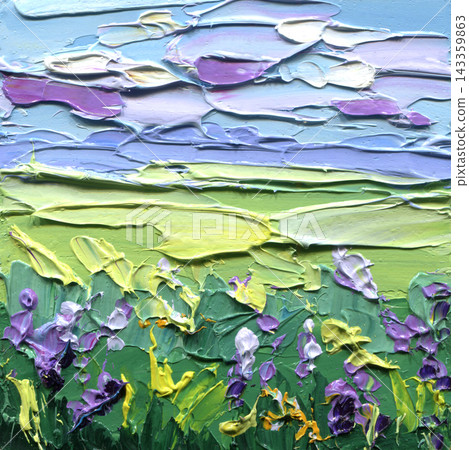 Wildflower meadow painting with purple flowers and green fields under blue skies in thick impasto texture for spring landscape art Wildflower meadow painting with purple flowers and green fields under blue skies in thick impasto texture for spring landscape art 143359863