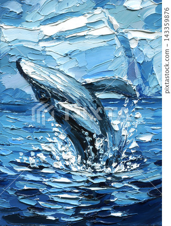 Breaching whale in blue ocean with white splashes and cloudy sky in textured impasto painting for nautical wall art and home decor Breaching whale in blue ocean with white splashes and cloudy sky in textured impasto painting for nautical wall art and home decor 143359876
