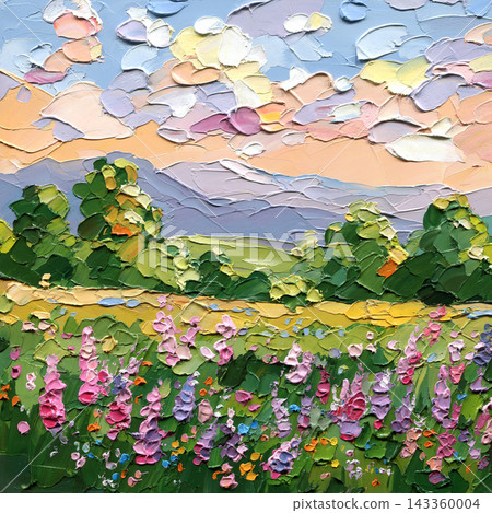 Wildflower Mountain Meadow Impasto Painting with Pink Flowers Green Trees Distant Hills and Soft Pastel Sunset Sky in Summer Scene Wildflower Mountain Meadow Impasto Painting with Pink Flowers Green Trees Distant Hills and Soft Pastel Sunset Sky in Summer Scene 143360004