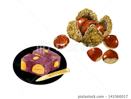 Chestnut Yokan (sweet bean jelly), Steamed Chestnut Yokan, and Chestnut Set - Hand-drawn watercolor illustration material Chestnut Yokan (sweet bean jelly), Steamed Chestnut Yokan, and Chestnut Set - Hand-drawn watercolor illustration material 143360017