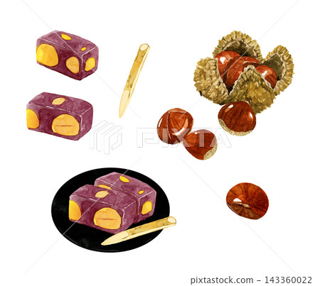 Chestnut Yokan (sweet bean jelly), Steamed Chestnut Yokan, and Chestnut Set - Hand-drawn watercolor illustration material Chestnut Yokan (sweet bean jelly), Steamed Chestnut Yokan, and Chestnut Set - Hand-drawn watercolor illustration material 143360022