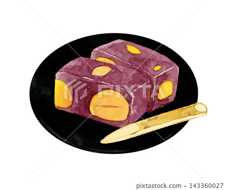 Hand-drawn watercolor illustration of chestnut yokan (sweet bean jelly) and steamed chestnut yokan on a plate. Hand-drawn watercolor illustration of chestnut yokan (sweet bean jelly) and steamed chestnut yokan on a plate. 143360027