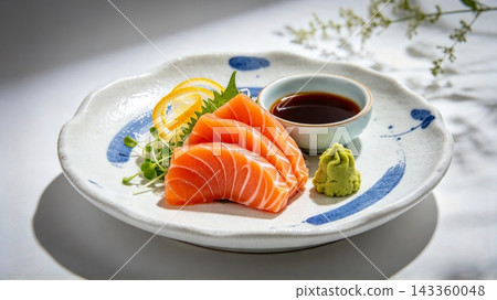 Salmon Sashimi with sauce on the table Salmon Sashimi with sauce on the table 143360048