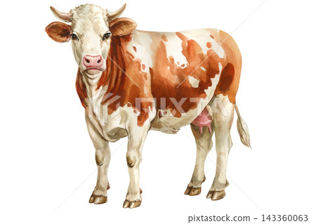 Brown White Cow Watercolor Painting with Horns Udder and Spotted Farm Cattle Isolated on White Background for Rustic Animal Design Brown White Cow Watercolor Painting with Horns Udder and Spotted Farm Cattle Isolated on White Background for Rustic Animal Design 143360063