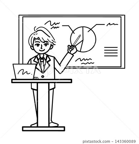 A man in a suit giving a presentation at a podium, pointing to a screen and a pie chart with a pointer (monochrome, line drawing, vector material). A man in a suit giving a presentation at a podium, pointing to a screen and a pie chart with a pointer (monochrome, line drawing, vector material). 143360089