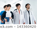 A medical team of doctors and nurses stands side by side, looking straight ahead in a brightly lit hospital. 143360420