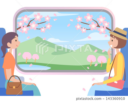 一群女性正在享受閨蜜之旅，她們望著窗外的春日美景。 143360910