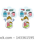 A set of illustrations depicting a mother holding her baby, struggling to choose emergency supplies, and then another mother having a sudden realization. 143361595