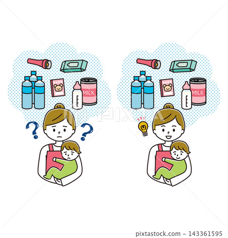 A set of illustrations depicting a mother holding her baby, struggling to choose emergency supplies, and then another mother having a sudden realization. A set of illustrations depicting a mother holding her baby, struggling to choose emergency supplies, and then another mother having a sudden realization. 143361595