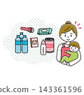 A mother holding her baby and thinking about disaster prevention goods 143361596