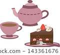 Illustration set of chocolate cake, teacup, and teapot 143361676