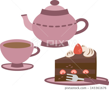 Illustration set of chocolate cake, teacup, and teapot Illustration set of chocolate cake, teacup, and teapot 143361676