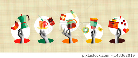 Coffee Shop icons and human hands in retro collage vector illustration set 143362019