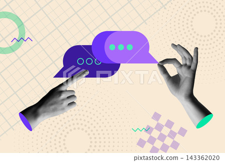 Talk message bubble chat icon and hands in retro collage vector illustration Talk message bubble chat icon and hands in retro collage vector illustration 143362020