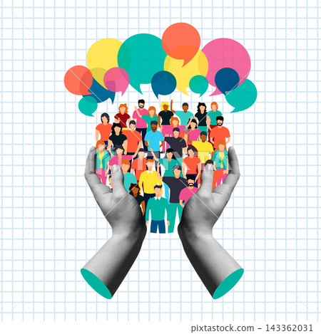 Human hands hold a diverse group of people talking in retro collage illustration Human hands hold a diverse group of people talking in retro collage illustration 143362031