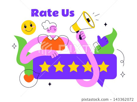 Rate Us Vector Illustration Featuring Customer Reviews, Five Star Rating, Feedback, Satisfaction and Positive Experience Rate Us Vector Illustration Featuring Customer Reviews, Five Star Rating, Feedback, Satisfaction and Positive Experience 143362072
