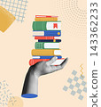 Hand holding a book pile cartoon in retro collage vector illustration Hand holding a book pile cartoon in retro collage vector illustration 143362233