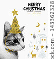 Merry Christmas and happy new year greeting card with cute cat in halftone collage. Merry Christmas and happy new year greeting card with cute cat in halftone collage. 143362328