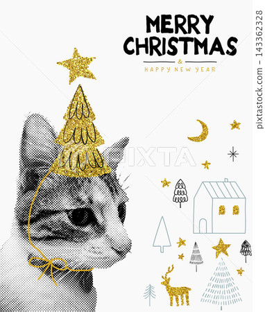 Merry Christmas and happy new year greeting card with cute cat in halftone collage. 143362328