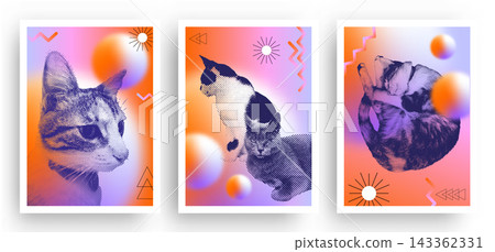 Set of cats with a halftone effect in retro grainy gradient background vector illustration Set of cats with a halftone effect in retro grainy gradient background vector illustration 143362331