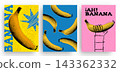 Set of fun pop art style bananas with a retro halftone effect; vector illustration. 143362332