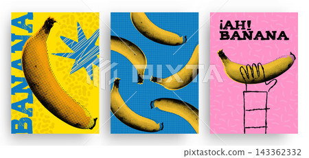 Set of fun pop art style bananas with a retro halftone effect; vector illustration. Set of fun pop art style bananas with a retro halftone effect; vector illustration. 143362332