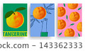 Set of posters featuring tangerines in a halftone pop art style. Vector illustration. 143362333