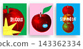 Set of colorful posters with delicious red apples in a halftone pop art style. Vector illustration. 143362334